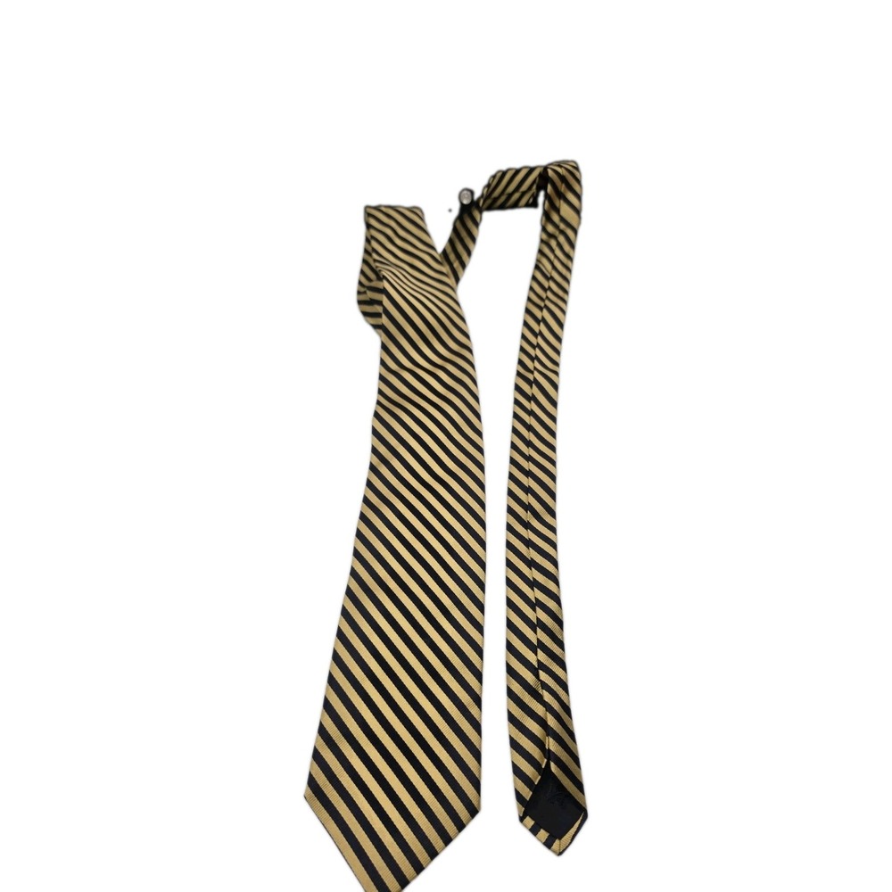 Brooks Brothers 346 Mens Silk Tie Gold Navy Blue Striped Rep Woven Italy USA